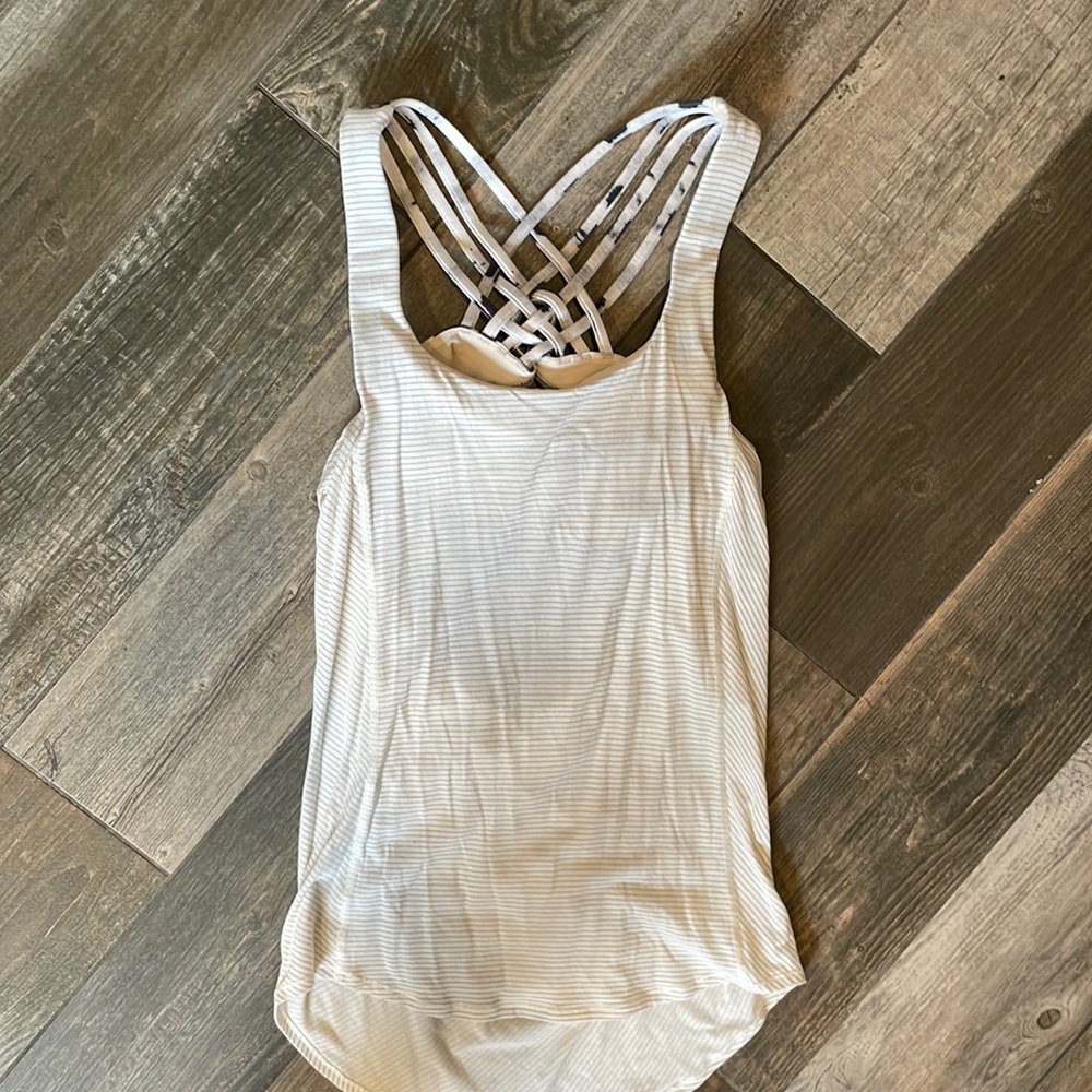 Lululemon Athletica white pinstriped tank top with attached sports bra
